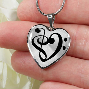 "Clé de Sol et Clé de Fa" - Bijou musique couleur Argent - Collier Pendentif Femme en forme de coeur. Cadeau pour musicienne