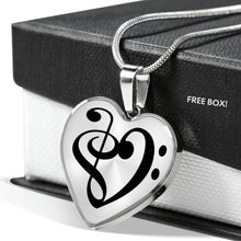 Charger l&#39;image dans la galerie, Pendentif Clef de Fa - Cadeau pour femme musicienne - Collier pendentif coeur notes de musique, clef de Sol et clef de Fa - Acier inoxydable - Gravure prénom, date, message personnalisé