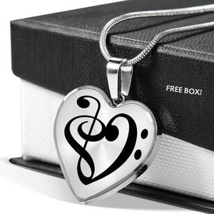 Pendentif Clef de Fa - Cadeau pour femme musicienne - Collier pendentif coeur notes de musique, clef de Sol et clef de Fa - Acier inoxydable - Gravure prénom, date, message personnalisé