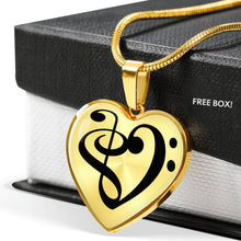 Charger l&#39;image dans la galerie, Collier Clé de Fa - Cadeau pour femme musicienne - Collier pendentif coeur notes de musique, clef de Sol et clef de Fa - Plaqué OR 18 carats - Gravure prénom, date, message personnalisé