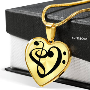 Collier Clé de Fa - Cadeau pour femme musicienne - Collier pendentif coeur notes de musique, clef de Sol et clef de Fa - Plaqué OR 18 carats - Gravure prénom, date, message personnalisé