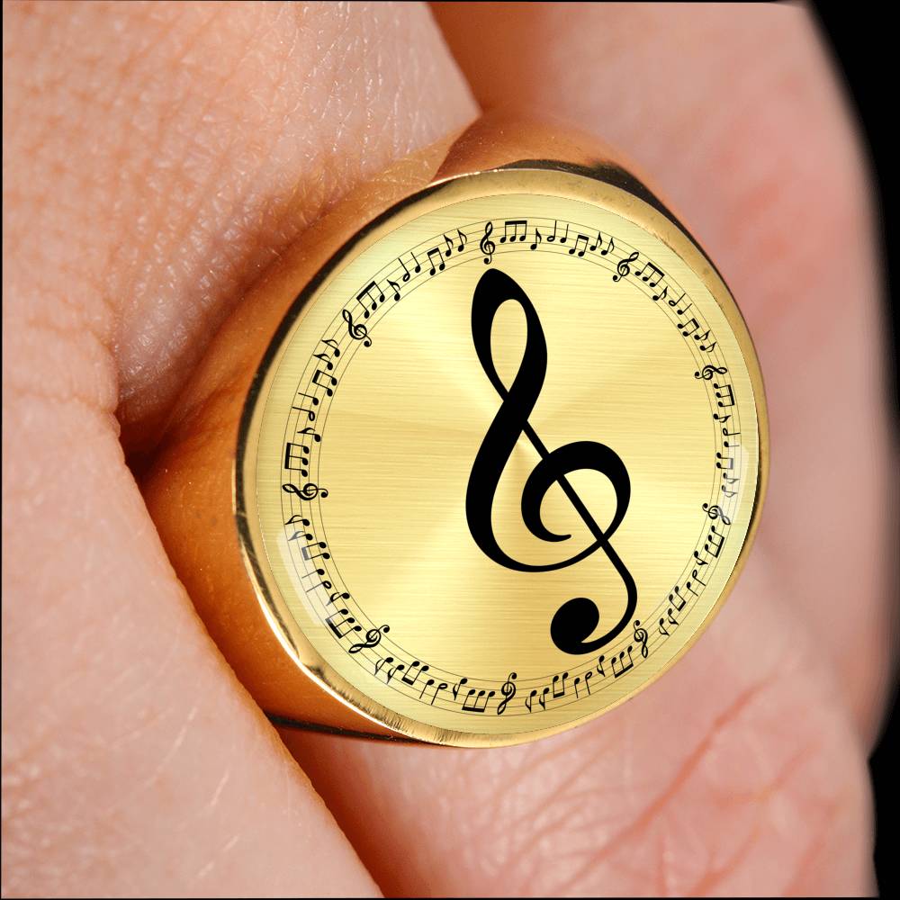 Cadeau pour musicien - Bague chevalière Notes de musique et clé de Sol - Plaqué OR 18 carats