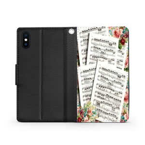 Étui Téléphone Portefeuille 2 en 1 - Romance Partitions & Fleurs